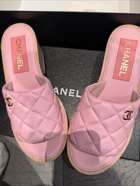 CHANEL Pink Quilted Leather Slide Mules with Gold CC